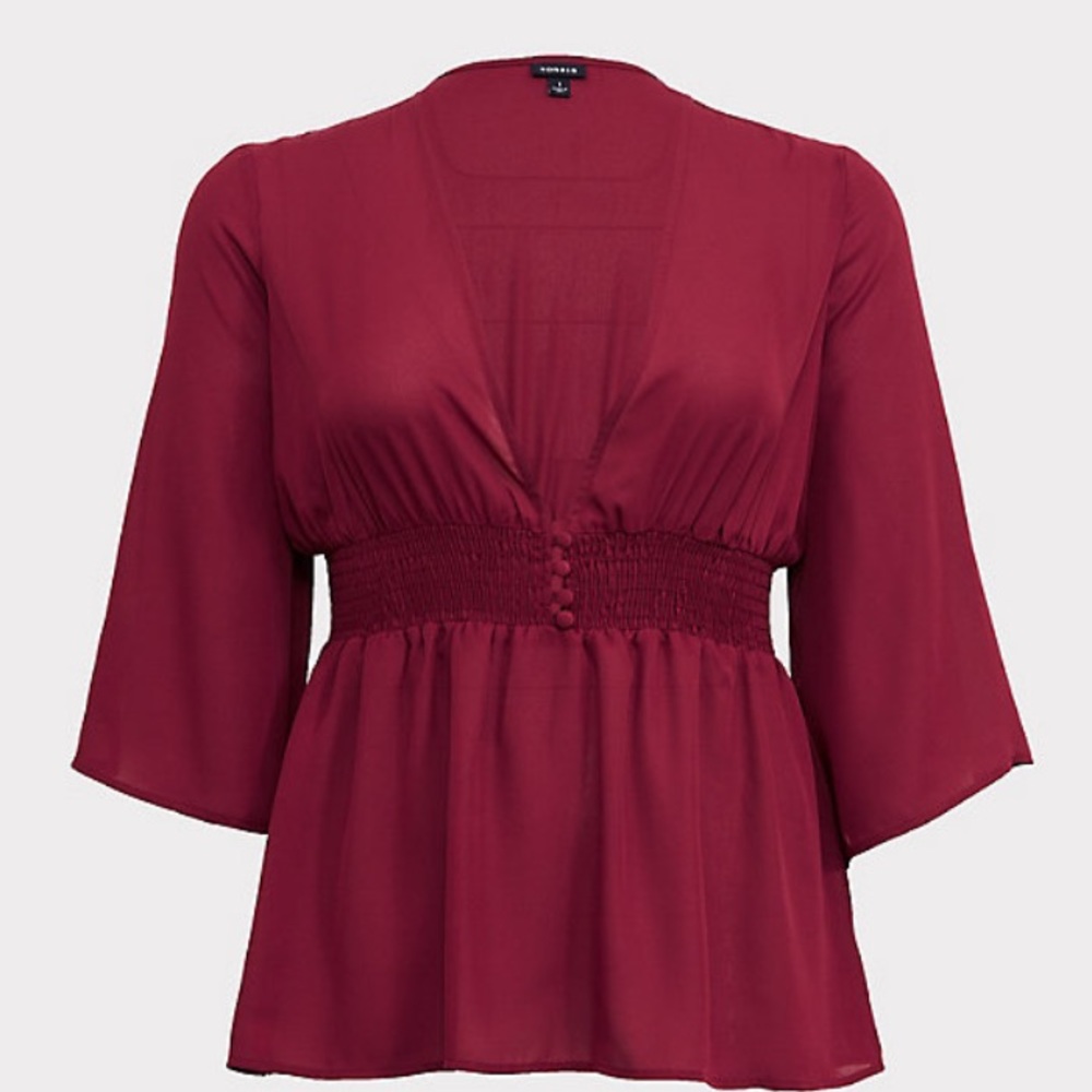 Button Front Smocked Babydoll Blouse - Picture 2 of 6